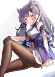 Rule 34 | 1girl, black gloves, blue sleeves, blush, brown pantyhose, closed mouth, commentary request, cone hair bun, detached sleeves, feet out of frame, flower, genshin impact, gloves, hair bun, hair flower, hair ornament, hand on own knee, highres, keqing (genshin impact), knee up, long hair, looking at viewer, pantyhose, pleated skirt, purple hair, purple skirt, red eyes, segawa luna, shirt, short sleeves, signature, skirt, sleeveless, sleeveless shirt, solo, twintails, very long hair, white flower, white shirt, wide sleeves