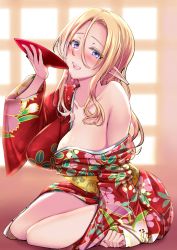 Rule 34 | 1girl, bare shoulders, blonde hair, blue eyes, blush, breasts, collarbone, cup, dripping, elf, hair between eyes, highres, holding, holding cup, huge breasts, japanese clothes, kuurunaitsu, long hair, looking at viewer, open mouth, original, pointy ears