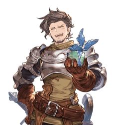 Rule 34 | 1boy, armor, breastplate, brown gloves, brown hair, gloves, granblue fantasy, green shirt, hand on own hip, incoming gift, male focus, minaba hideo, official art, open mouth, rackam (granblue fantasy), shirt, smile, solo, transparent background, upper body, white day