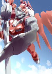 Rule 34 | absurdres, blue eyes, cloud, flying, fune (fune93ojj), g-arcane, gun, gundam, gundam g no reconguista, highres, holding, holding gun, holding weapon, looking down, mecha, mobile suit, no humans, rifle, robot, science fiction, shield, sky, sniper rifle, solo, v-fin, weapon