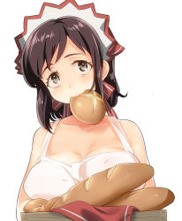 Rule 34 | 1girl, alicia melchiott, alicia melchiott (cosplay), apron, blush, bread, breasts, brown eyes, brown hair, cleavage, collarbone, cosplay, covered erect nipples, crossover, curvy, eating, food, large breasts, mouth hold, naked apron, naso4, puffy nipples, sasha blouse, senjou no valkyria, senjou no valkyria (series), senjou no valkyria 1, shingeki no kyojin, simple background, solo, white background