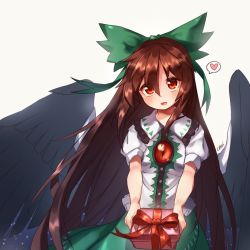 Rule 34 | 1girl, artist name, asrielchu, black wings, blush, bow, box, brown hair, cape, collared shirt, feathered wings, gift, gift box, green bow, green skirt, hair between eyes, hair bow, head tilt, heart, holding, holding gift, long hair, looking at viewer, parted lips, puffy short sleeves, puffy sleeves, red eyes, red ribbon, reiuji utsuho, ribbon, shirt, short sleeves, simple background, skirt, smile, solo, spoken heart, third eye, touhou, upper body, very long hair, white background, white shirt, wing collar, wings