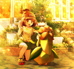 Rule 34 | 1girl, :d, ^ ^, alternate color, beanie, black footwear, brown eyes, brown hair, closed eyes, collarbone, comb, creatures (company), door, evening, floral print, flower, full body, game freak, gen 5 pokemon, green shorts, hat, highres, holding, laces, lilligant, looking at another, nintendo, on one knee, open mouth, outdoors, pink flower, plant, pokemon, pokemon (creature), pokemon sm, potted plant, red hat, ribero, selene (pokemon), shirt, shoes, short hair, short sleeves, shorts, smile, standing, sunlight, swept bangs, tied shirt, window, yellow shirt, yellow theme