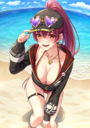 Rule 34 | 1girl, :d, baseball cap, beach, bikini, black hat, black jacket, breasts, cleavage, collarbone, earrings, eyewear on headwear, fang, gold trim, halterneck, hand on headwear, hat, heart, heart-shaped eyewear, highres, hololive, houshou marine, houshou marine (summer), jacket, jewelry, large breasts, long hair, long sleeves, looking at viewer, necklace, o-ring, o-ring thigh strap, ocean, open mouth, ponytail, red bikini, red eyes, red hair, shouhei, smile, solo, string bikini, sunglasses, swimsuit, thigh strap, thighs, very long hair, virtual youtuber, water, yellow eyes