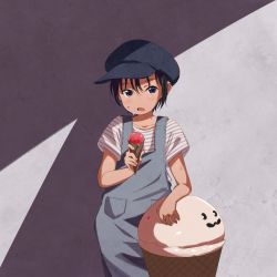 Rule 34 | 1girl, absurdres, black hair, blue eyes, blue overalls, blush, cabbie hat, cowboy shot, food, food on face, hat, highres, holding, holding food, ice cream cone, nekopantsu (blt), open mouth, original, overalls, shirt, short hair, solo, striped clothes, striped shirt, sweat