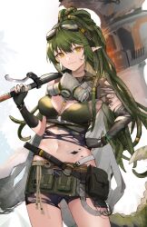 Rule 34 | 1girl, absurdres, arknights, axe, battle axe, belt pouch, bike shorts, bikini, black gloves, black shorts, crocodilian tail, dreadlocks, ema (kuguiema), gas mask, gavial (arknights), gavial the invincible (arknights), gloves, goggles, goggles on head, green bikini, green hair, hand on own hip, highres, holding, holding axe, mask, mask around neck, material growth, oripathy lesion (arknights), pointy ears, pouch, respirator, shorts, shoulder tattoo, solo, stomach tattoo, swimsuit, tail, tattoo, torn clothes, torn gloves, weapon