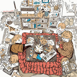 Rule 34 | 5girls, :d, :o, black eyes, book, brown hair, brown sweater, cabinet, cat, child, controller, food, from above, fruit, holding, indoors, jitome, kotatsu, long sleeves, lying, mandarin orange, multiple girls, newspaper, old, old woman, on back, on stomach, open book, open mouth, original, ponytail, remote control, ribbed sweater, sitting, slippers, smile, sweater, table, tissue box, umishima senbon, vacuum cleaner, wide sleeves