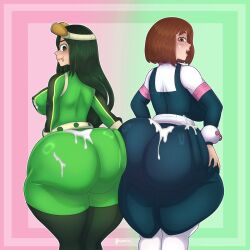Rule 34 | 2girls, ass-to-ass, ass grab, asui tsuyu, belt, black bodysuit, bodysuit, boku no hero academia, boots, breasts, brown eyes, brown hair, cum, cum on ass, curvy, frog girl, from behind, goggles, goggles on head, grabbing own ass, green bodysuit, green eyes, green hair, highres, large breasts, long hair, looking at viewer, looking back, multiple girls, open mouth, sharktix, short hair, thick thighs, thighhighs, thighs, tongue, tongue out, uraraka ochako, wide hips