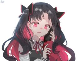 Rule 34 | 1girl, black bow, black dress, black gloves, bow, collared shirt, crying, crying with eyes open, dress, fate/grand order, fate (series), gloves, hair bow, hand on another&#039;s cheek, hand on another&#039;s face, highres, ishtar (fate), long hair, long sleeves, looking at viewer, multicolored hair, neck ribbon, oomori (kswmr), parted bangs, pinafore dress, pov, red eyes, red hair, red ribbon, ribbon, shirt, simple background, sleeveless dress, solo focus, space ishtar (fate), tears, twitter username, two-tone hair, two side up, very long hair, white background, white shirt