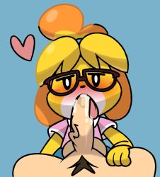 Rule 34 | 1boy, 1girl, animal crossing, animal ears, black eyes, blonde hair, blue skirt, blush, blush stickers, brown-framed eyewear, clothed female nude male, cum, cum in mouth, dog ears, dog girl, erection, fellatio, furry, glasses, hair tie, half-closed eyes, heart, hetero, interspecies, isabelle (animal crossing), looking at viewer, male pubic hair, nintendo, nose blush, nude, open mouth, oral, penis, pink shirt, pov, pubic hair, saliva, shirt, short hair, short sleeves, simple background, skirt, solo focus, testicles, tongue, tongue out, topknot, uncensored, veins, veiny penis, vilepluff, villager (animal crossing)