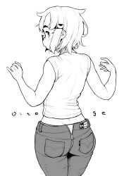 Rule 34 | 1girl, ass, ass zipper, bare arms, character name, closed mouth, cowboy shot, from behind, glasses, greyscale, hair ornament, hands up, highres, koeru otoge-san, looking at viewer, looking back, monochrome, neyuki rei, otouge azuki, panties, pants, panty peek, profile, shirt, short hair, simple background, sleeveless, sleeveless shirt, solo, underwear, white background