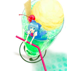 Rule 34 | 1girl, blue eyes, blue hair, bow, circled 9, cirno, cup, drinking straw, embodiment of scarlet devil, food, heihachi, ice cream, in container, in cup, in food, matching hair/eyes, mini person, minigirl, mundane utility, short hair, solo, sundae, touhou