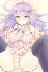 Rule 34 | 1girl, bad id, bad pixiv id, black thighhighs, breasts, capelet, crescent, crescent hair ornament, hair ornament, hair ribbon, karunabaru, large breasts, long hair, looking at viewer, no pants, panties, partially visible vulva, patchouli knowledge, purple eyes, purple hair, ribbon, shirt, solo, striped clothes, striped panties, striped shirt, tears, thighhighs, thighs, touhou, tress ribbon, underwear