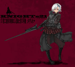 Rule 34 | 1girl, armor, boots, coat, gauntlets, gun, gunblade, load bearing vest, military, pouch, red eyes, short hair, sigama, sigma (artist), solo, sword, weapon, white hair