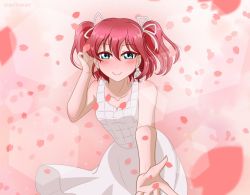Rule 34 | 1girl, adjusting hair, aqua eyes, artist name, artist request, bare shoulders, blush, breasts, checkered clothes, checkered dress, collarbone, dress, earrings, feather earrings, feathers, female focus, floating hair, green eyes, hair between eyes, hair ribbon, jewelry, kurosawa ruby, looking at viewer, love live!, love live! school idol festival, love live! sunshine!!, miniskirt, parted lips, petals, pink background, pink petals, plaid, plaid dress, plaid skirt, pleated, pleated dress, pleated skirt, reaching, reaching towards viewer, red hair, ribbon, short hair, skirt, sleeveless, sleeveless dress, small breasts, smile, solo, the story of feather (love live!), twintails, two side up, white dress, white ribbon, white skirt