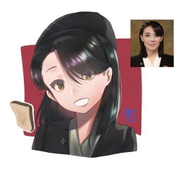 Rule 34 | 1girl, absurdres, acrylicstroke, black hair, black jacket, bread, bread slice, commentary, cropped torso, dictator, english commentary, eyes visible through hair, facing viewer, food, formal, grin, hat, head tilt, highres, jacket, kim yo-jong, looking at viewer, medium hair, multiple views, pale skin, photo inset, portrait, real life, reference inset, reference photo, smile, teeth, tilted head, toast, upper body
