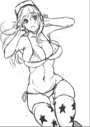 Rule 34 | 1girl, bikini, breasts, cleavage, greyscale, headphones, hikari123456, large breasts, long hair, looking at viewer, midriff, monochrome, navel, nitroplus, open mouth, skindentation, solo, star (symbol), star print, super sonico, swimsuit, thighhighs