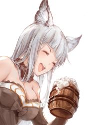 Rule 34 | 10s, 1girl, :d, ^ ^, alcohol, beer, beer mug, blush, breasts, brown dress, brown gloves, closed eyes, cup, dress, elbow gloves, erune, gloves, granblue fantasy, hana mori, hand up, highres, holding, holding cup, korwa, large breasts, long hair, mug, open mouth, silver hair, simple background, smile, solo, teeth, upper body, white background