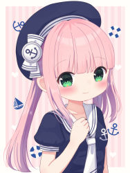 Rule 34 | 1girl, absurdres, anchor print, anchor symbol, beret, blunt bangs, blush, boat, green eyes, hand on own chest, hat, hat ribbon, highres, lifebuoy, long hair, looking at viewer, necktie, nekomura yuyuko, original, pink hair, puffy short sleeves, puffy sleeves, ribbon, school uniform, serafuku, short sleeves, smile, solo, striped, striped background, swim ring, twintails, watercraft