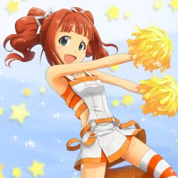 Rule 34 | 1girl, :d, belt, cheerleader, cool &amp; sexy (idolmaster), green eyes, idolmaster, idolmaster (classic), open mouth, orange hair, pom pom (cheerleading), rokusyo, skirt, smile, solo, striped clothes, striped thighhighs, takatsuki yayoi, thighhighs, twintails