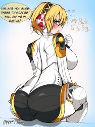 Rule 34 | 1girl, aegis (persona), android, armor, artist name, ass, ass focus, blonde hair, blue hair, blush, breasts, embarrassed, english text, from behind, gloves, headphones, highres, hyper.rxgue, large breasts, looking at viewer, looking back, open mouth, persona, persona 3, short hair, sideboob, simple background, sitting, solo, talking, white gloves