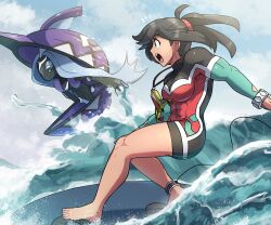 Rule 34 | abs, absurdres, aged up, alternate muscle size, creatures (company), game freak, gen 7 pokemon, highres, jewelry, juno son, legendary pokemon, muscular, muscular female, necklace, nintendo, pokemon, pokemon sm, selene (pokemon), surfboard, surfing, swimsuit, tapu fini, thick thighs, thighs