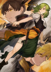 Rule 34 | 1girl, 2boys, absurdres, artist name, bare shoulders, belt, between legs, blonde hair, bodice, breasts, brown hair, closed mouth, commentary, cross-laced clothes, dagger, dated, dual wielding, english commentary, feet out of frame, frown, green hair, green skirt, hair between eyes, hair ribbon, half updo, herayoshi, highres, holding, holding dagger, holding knife, holding weapon, inset, kiki (herayoshi), knife, looking away, looking back, looking down, multiple boys, off-shoulder shirt, off shoulder, orange ribbon, original, reverse grip, ribbon, scabbard, sheath, shirt, short hair, side slit, sidelocks, skirt, standing, torn clothes, unsheathed, walking, weapon, white shirt, yellow eyes