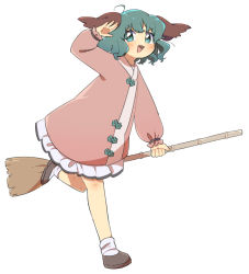Rule 34 | 1girl, :d, ahoge, animal ears, blush, broom, commentary, full body, green eyes, green hair, highres, holding, holding broom, kasodani kyouko, long sleeves, open mouth, sasa kichi, short hair, simple background, smile, solo, standing, standing on one leg, touhou, v-shaped eyebrows, wavy hair, white background