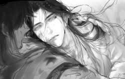 Rule 34 | 2boys, arm around neck, blood, blood on clothes, character request, chinese clothes, chinese commentary, commentary request, erha he tadebai mao shizun, fingernails, greyscale, hair over shoulder, hand on another&#039;s shoulder, hanfu, head on chest, highres, hug, kami off record, long hair, long sleeves, looking at another, male focus, monochrome, multiple boys, parted lips, pectoral cleavage, pectorals, upper body, yaoi