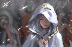 Rule 34 | 1girl, blue eyes, cloak, closed mouth, copyright name, crowd, elf, ghostblade, hands on own chest, highres, hood, hood up, hooded cloak, light smile, lips, long hair, outdoors, own hands together, pink lips, pointy ears, silver hair, solo focus, tiara, upper body, wlop