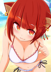 Rule 34 | 1girl, :3, animal ears, bare arms, bare shoulders, beach, bikini, blunt bangs, blush, breasts, cleavage, close-up, closed mouth, cowboy shot, day, ear piercing, eyelashes, frilled bikini, frills, from above, hair ornament, hand up, highres, leaning forward, looking at viewer, looking up, medium breasts, miramira1908, navel, nijisanji, orange eyes, outdoors, piercing, pulled by self, ratna petit, red hair, seductive smile, short hair, side-tie bikini bottom, smile, solo, strap pull, sweat, swimsuit, tan, tanline, virtual youtuber, white bikini