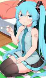 Rule 34 | 1girl, abmayo, absurdres, aqua eyes, aqua hair, aqua nails, bare arms, bare shoulders, bed, black thighhighs, blush, breasts, closed mouth, collared shirt, commentary request, detached sleeves, hair ornament, hand on own thigh, hand up, hatsune miku, highres, holding, indoors, long hair, looking at viewer, mimikaki, miniskirt, nail polish, necktie, pillow, pleated skirt, seiza, shirt, shoulder tattoo, sitting, skindentation, skirt, sleeveless, small breasts, smile, solo, striped, tattoo, thighhighs, tie clip, twintails, v-shaped eyebrows, very long hair, vocaloid, zettai ryouiki