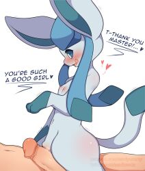 Rule 34 | 1boy, 1girl, blue hair, blue sclera, blush, breasts, cleft of venus, colored sclera, creatures (company), english text, game freak, gen 4 pokemon, glaceon, heart, hetero, highres, navel, nintendo, nipples, open mouth, penis, pokemon, pokemon (creature), pussy, pussy juice, sevi (seviyummy), sidelocks, tail, wavy mouth, white eyes
