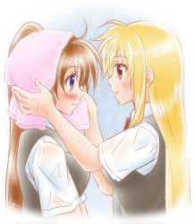 Rule 34 | 2girls, arms up, blonde hair, blush, breasts, brown hair, collared shirt, couple, embarrassed, eye contact, fate testarossa, long hair, looking at another, lyrical nanoha, mahou shoujo lyrical nanoha, mahou shoujo lyrical nanoha a&#039;s, multiple girls, neck ribbon, open mouth, pink towel, purple eyes, red eyes, red ribbon, ribbon, school uniform, shinozuki takumi, shirt, side ponytail, simple background, takamachi nanoha, teeth, towel, towel on head, two-tone background, uniform, very long hair, vest, wet, white shirt, yuri