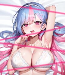 Rule 34 | 1girl, @ @, absurdres, arm behind head, arm up, armpits, bare arms, bare shoulders, bed sheet, bikini, bing hayu, blue hair, blurry, blurry foreground, breasts, cleavage, collarbone, dakimakura (medium), earrings, embarrassed, front-tie bikini top, front-tie top, frown, hair spread out, hairband, hand up, highres, jewelry, lace, lace-trimmed bikini, lace trim, large breasts, lethe (lethe187), long hair, looking at viewer, luvdia, lying, mole, mole on armpit, mole on breast, mole under eye, multicolored hair, on back, open mouth, pink eyes, pink hair, second-party source, solo, strap gap, string, string bikini, sweat, swimsuit, two-tone hair, upper body, virtual youtuber, white bikini