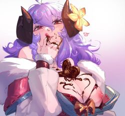 Rule 34 | 1girl, ahoge, black horns, blush, bow, braid, breasts, brown bow, brown flower, candy, chocolate, chocolate heart, cleavage, food, food on body, food on breasts, fur-trimmed kimono, fur trim, hair between eyes, hand up, heart, horn flower, horns, japanese clothes, kimono, kindred (league of legends), kiny (kinyussy), large breasts, league of legends, long hair, long sleeves, nipples, red eyes, short sleeves, simple background, skindentation, solo, spirit blossom kindred, twin braids, twintails, upper body, white background