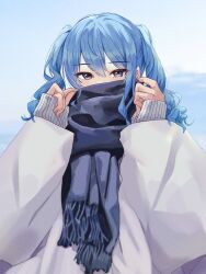 Rule 34 | 1girl, absurdres, alternate costume, alternate hairstyle, baggy clothes, blue eyes, blue hair, blue scarf, blue sky, blush, commentary, covering own mouth, double-parted bangs, hair between eyes, highres, hololive, hoshimachi suisei, long hair, long sleeves, looking at viewer, puffy long sleeves, puffy sleeves, scarf, scarf over mouth, sky, sleeves past wrists, solo, sweater, tagosaku (tatsukiuma0329), twintails, upper body, virtual youtuber, wavy hair, white sweater