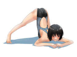 Rule 34 | 1girl, amagami, ass, back, bare back, black hair, black one-piece swimsuit, blue one-piece swimsuit, blush, breasts, brown eyes, clenched hand, commentary, competition swimsuit, full body, highres, jack-o&#039; challenge, looking at viewer, nanasaki ai, narrowed eyes, one-piece swimsuit, raised eyebrows, shaded face, shadow, short hair, simple background, small breasts, smile, solo, swimsuit, toes, tomboy, top-down bottom-up, two-tone swimsuit, white background, yoo tenchi