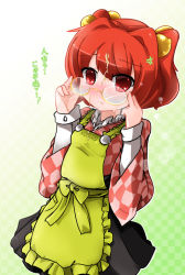 Rule 34 | 1girl, adjusting eyewear, angry, apron, bell, blush, checkered clothes, checkered shirt, clothes writing, cum, cum on eyewear, facial, glasses, hair bell, hair ornament, japanese clothes, jingle bell, long sleeves, motoori kosuzu, naik, red eyes, red hair, shirt, short hair, solo, touhou, translation request, twintails, two side up, veins