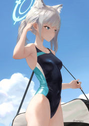 Rule 34 | 1girl, animal ear fluff, animal ears, arm up, armpits, bag, bare arms, bare shoulders, black one-piece swimsuit, blue archive, blue eyes, blue sky, blunt bangs, breasts, cat ears, closed mouth, collarbone, commentary, competition swimsuit, covered navel, cowboy shot, day, duffel bag, grey hair, halo, highres, medium breasts, one-piece swimsuit, outdoors, shiroko (blue archive), shiroko (swimsuit) (blue archive), short hair, short ponytail, sky, solo, swimsuit, twitter username, zeradok