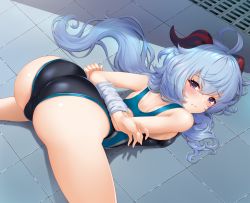 Rule 34 | 1girl, ahoge, arms behind back, ass, back, bdsm, blue hair, blush, bondage, bound, breasts, competition swimsuit, ganyu (genshin impact), genshin impact, hajika, horns, large breasts, long hair, looking at viewer, looking back, one-piece swimsuit, purple eyes, restrained, solo, spread legs, swimsuit, top-down bottom-up