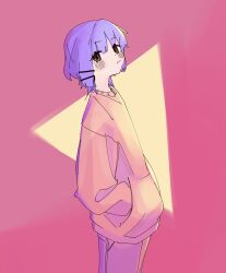 Rule 34 | 1girl, absurdres, black eyes, bocchi the rock!, commentary, from side, hair ornament, hairpin, hands in pockets, highres, looking at viewer, machuuu68, medium hair, pants, pink background, pout, purple hair, solo, sweater, triangle, yamada ryo