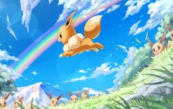 Rule 34 | cloud, commentary request, creatures (company), day, eevee, falling leaves, game freak, gen 1 pokemon, grass, jumping, leaf, mountain, mukiguri, nintendo, no humans, outdoors, pokemon, pokemon (creature), rainbow, rock, sky