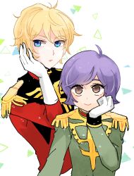 Rule 34 | 2boys, blonde hair, blue eyes, brown eyes, char aznable, closed mouth, epaulettes, garma zabi, gloves, green jacket, gundam, hand on own cheek, hand on own face, jacket, long sleeves, looking at viewer, male focus, meiko (hishi), military uniform, mobile suit gundam, multiple boys, purple hair, red jacket, short hair, simple background, smile, triangle, uniform, upper body, white background, white gloves