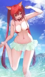 Rule 34 | 1girl, :d, animal ears, arm behind back, arm up, bikini, bikini top only, blush, bow, bowtie, breasts, cerberus (shingeki no bahamut), cleavage, day, detached collar, exhibitionism, fang, granblue fantasy, groin, hair between eyes, highres, hip focus, large breasts, leaning forward, leg up, legs, long hair, looking at viewer, miniskirt, nail polish, navel, no panties, ocean, open mouth, outdoors, pepeo, public indecency, red bikini, red bow, red bowtie, red nails, see-through, see-through skirt, shingeki no bahamut, skirt, slit pupils, smile, solo, splashing, standing, standing on one leg, sunlight, swimsuit, thighs, twintails, very long hair, wolf ears