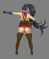 Rule 34 | artist emojo, ass, backboob, backless outfit, backpack, bag, bare shoulders, black panties, boots, breasts, fingerless gloves, full body, gloves, grey background, high ponytail, highres, legs apart, long hair, meme attire, naked sweater, original, panties, self-upload, simple background, solo, standing, sweater, thigh boots, thighhighs, thong, thumbs up, turtleneck, turtleneck sweater, underwear, very long hair, virgin killer sweater