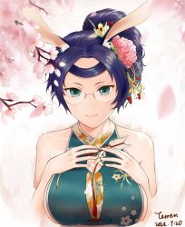 Rule 34 | 1girl, artist name, azur lane, breasts, dated, flower, green eyes, green kimono, hair flower, hair ornament, hand on own chest, highres, japanese clothes, kimono, large breasts, light smile, long hair, looking at viewer, official alternate costume, pink flower, purple hair, sideboob, sleeveless, sleeveless kimono, solo, souryuu (azur lane), souryuu (the crane amidst the pines) (azur lane), terren0814, upper body