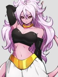 Rule 34 | 1girl, android 21, arm behind head, bare shoulders, black sclera, breasts, choker, cleavage, collarbone, colored sclera, colored skin, dragon ball, dragon ball fighterz, grey background, hair between eyes, kemachiku, long hair, majin android 21, medium breasts, midriff, navel, pink hair, pink skin, pointy ears, red eyes, simple background, solo, tail, yellow choker