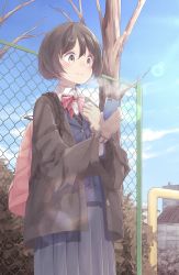 Rule 34 | 12 graka, 1girl, absurdres, backpack, bag, bare tree, black hair, black skirt, blazer, blue jacket, blush, bob cut, bow, bowtie, brown coat, brown eyes, brown gloves, building, bush, buttons, cellphone, chain-link fence, closed mouth, cloud, coat, collared shirt, commentary request, cowboy shot, day, fence, gloves, hand on own chest, hands up, highres, holding, holding phone, jacket, lens flare, long coat, long sleeves, miniskirt, open clothes, open coat, original, outdoors, phone, pleated skirt, red bow, red bowtie, school uniform, shirt, short hair, skirt, smartphone, smile, solo, standing, striped bow, striped bowtie, striped clothes, striped neckwear, sweater, tareme, tree, white shirt, wing collar