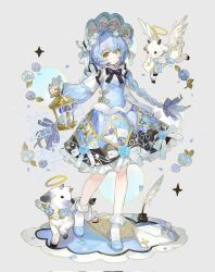 Rule 34 | 1girl, animal, artist name, black ribbon, blue dress, blue flower, blue hair, blue hat, blush, bow, bowtie, braid, calligraphy brush, closed mouth, dress, feathers, flower, goat, grey background, hair between eyes, hair ornament, halo, happybiirthd, hat, highres, holding lamp, ink bottle, knot, letter, lolita fashion, long hair, long sleeves, looking at viewer, original, paintbrush, ribbon, simple background, smile, solo, standing, twin braids, watermark, white ribbon, wings, yellow eyes